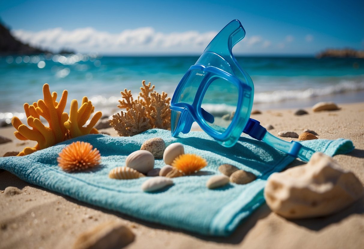 Clear blue water with colorful coral and fish. A snorkel, mask, and fins laid out on a beach towel. A sign with safety tips