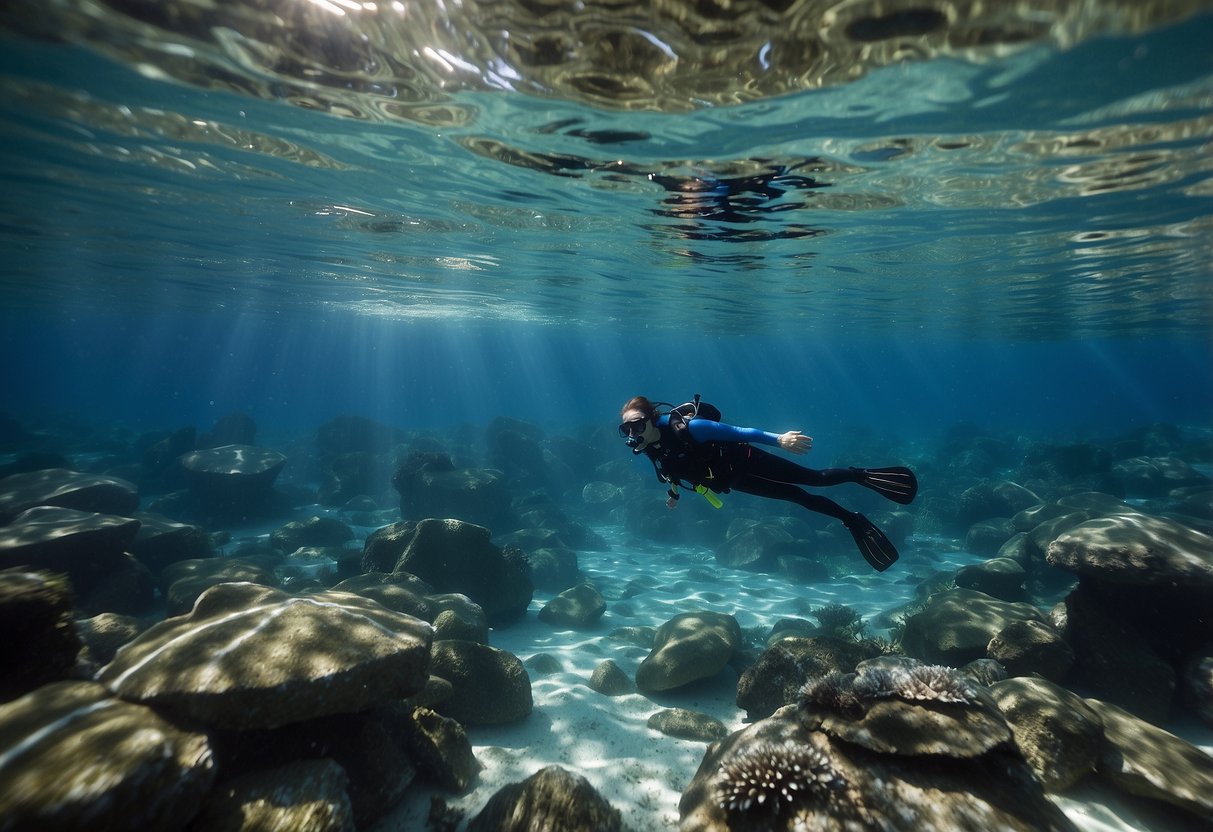 Crystal-clear water surrounds a snorkeler at high altitude. Deep breaths and slow movements help combat altitude sickness. A calm and serene underwater world awaits exploration