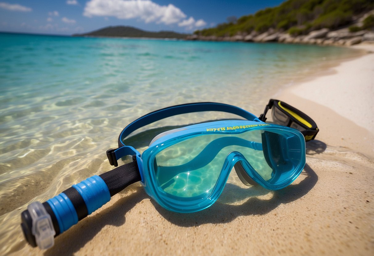 Crystal clear ocean water, snorkel gear scattered on a sandy beach, a sign with "Hydrate Properly: 7 Tips for Dealing with Altitude Sickness While Snorkeling" displayed prominently