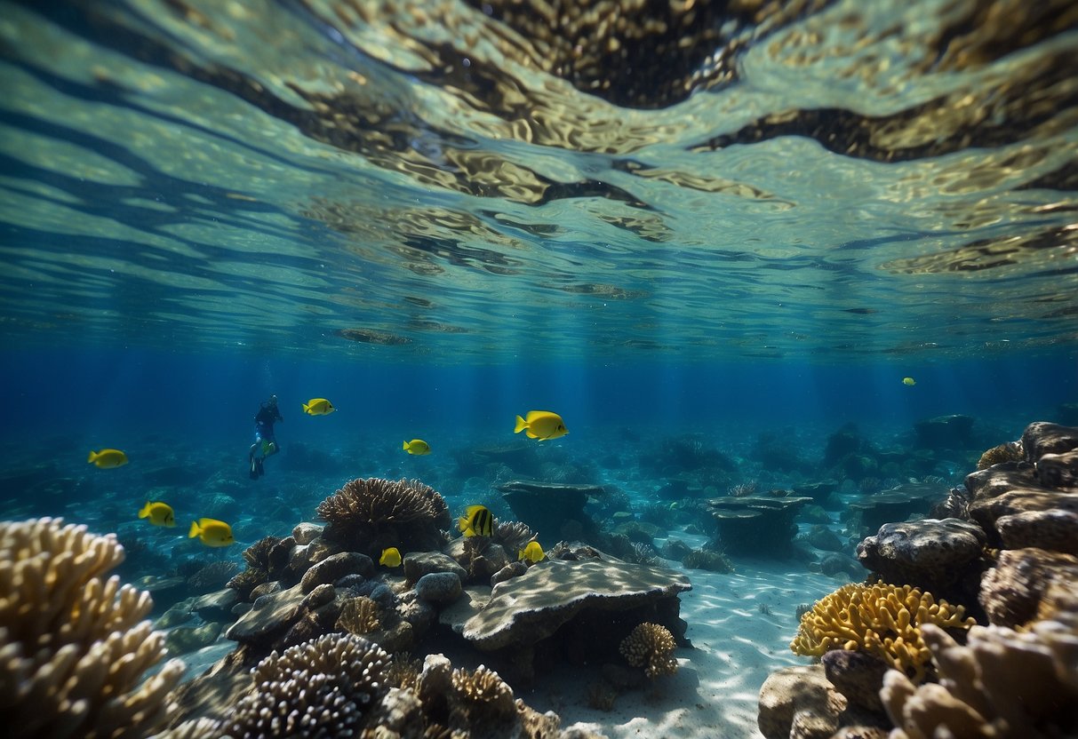 Crystal-clear water with colorful coral and fish below. A snorkeler floats at the surface, taking slow, deep breaths. A serene, peaceful scene