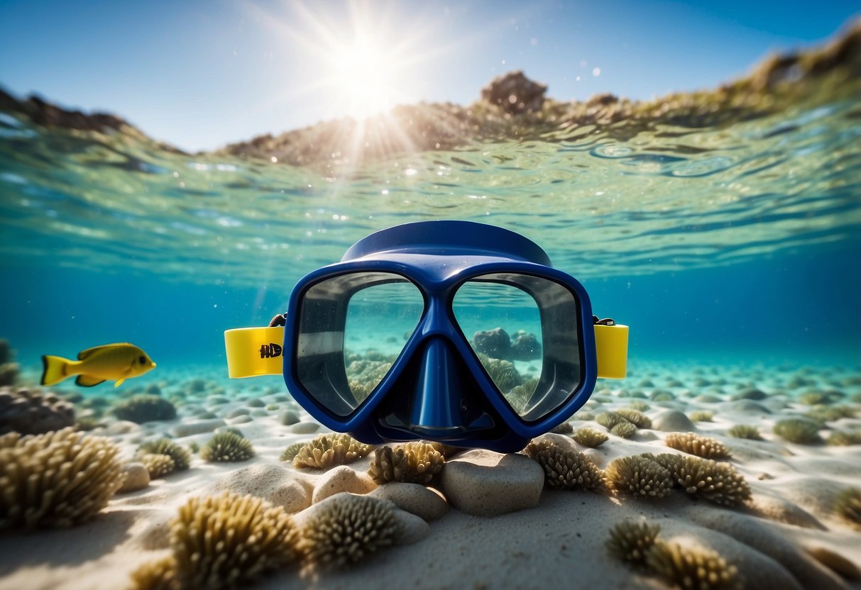 A snorkel mask rests on a sandy ocean floor, surrounded by colorful fish and coral. The clear blue water extends into the distance, hinting at the adventure awaiting snorkelers