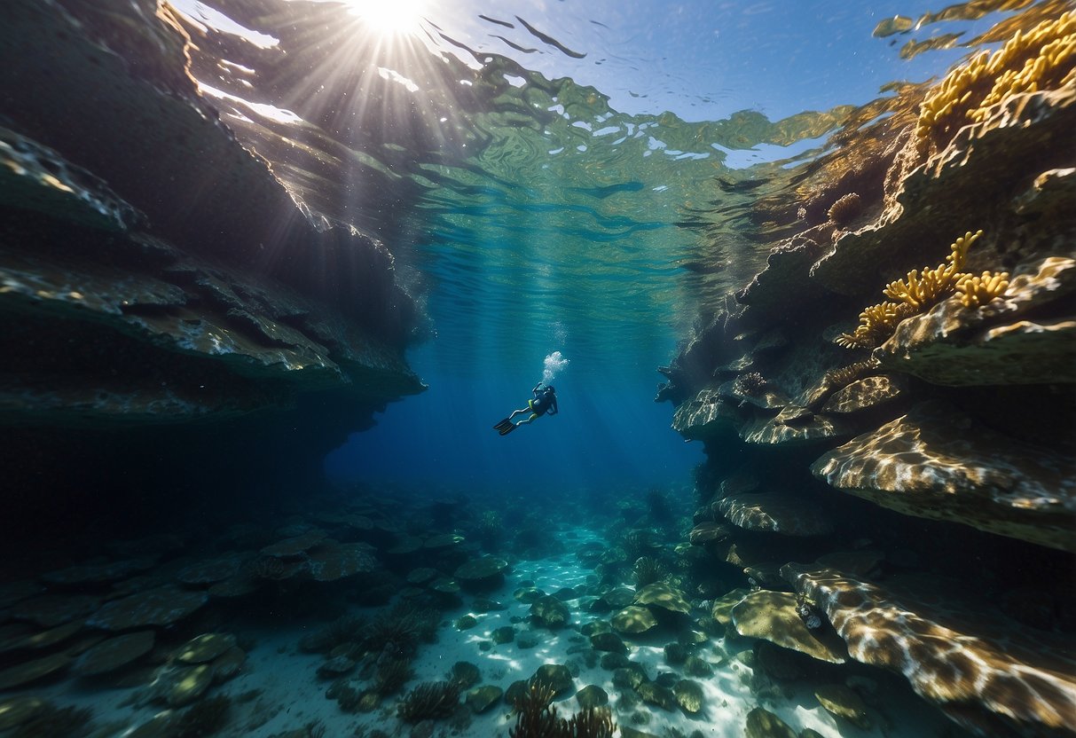 Crystal-clear water surrounds a lone snorkeler, gradually ascending to the surface. The underwater landscape is teeming with vibrant coral and exotic marine life