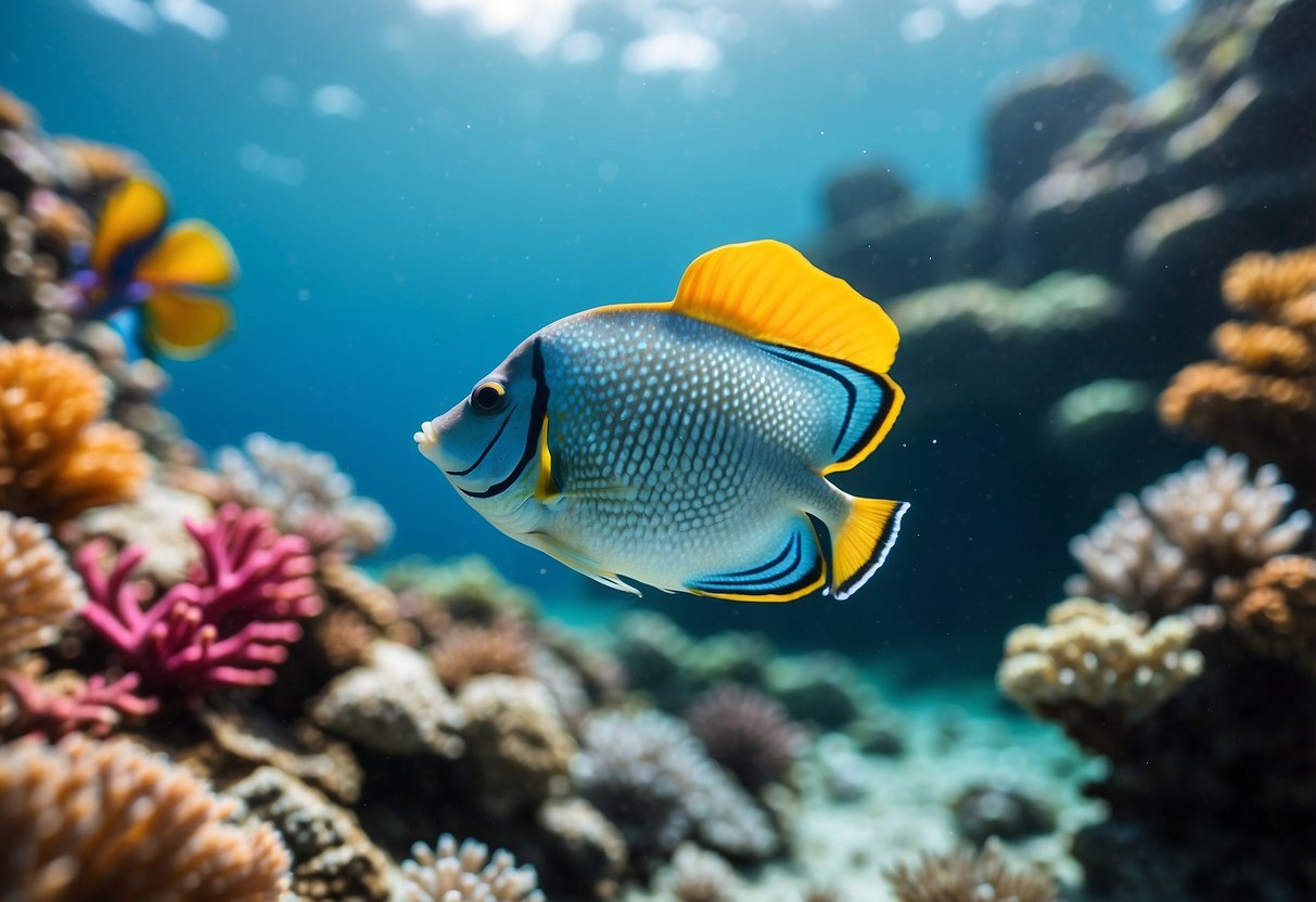 Crystal clear ocean water with snorkel gear and oxygen boosters floating on the surface. A serene underwater scene with colorful fish and coral