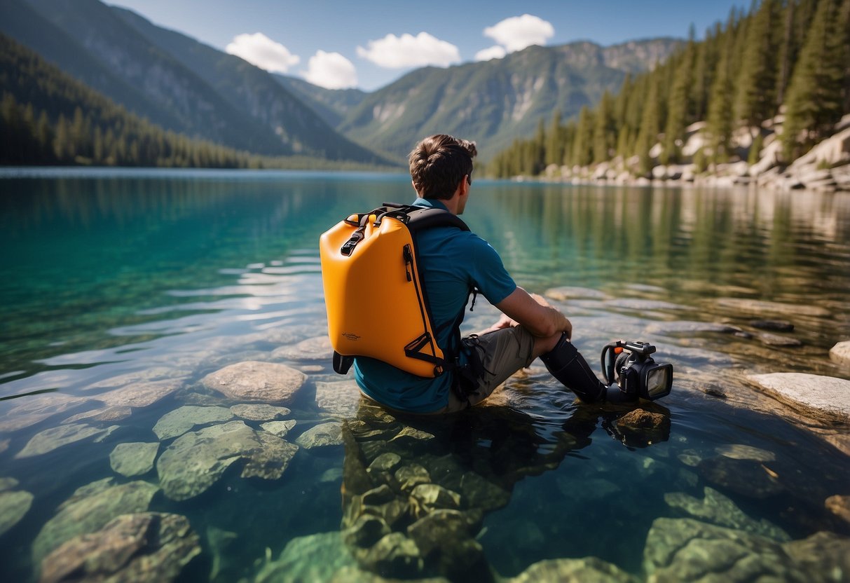 A person setting up snorkeling gear at a high altitude lake, surrounded by mountains. Oxygen tank, snorkel, and fins laid out on a rock