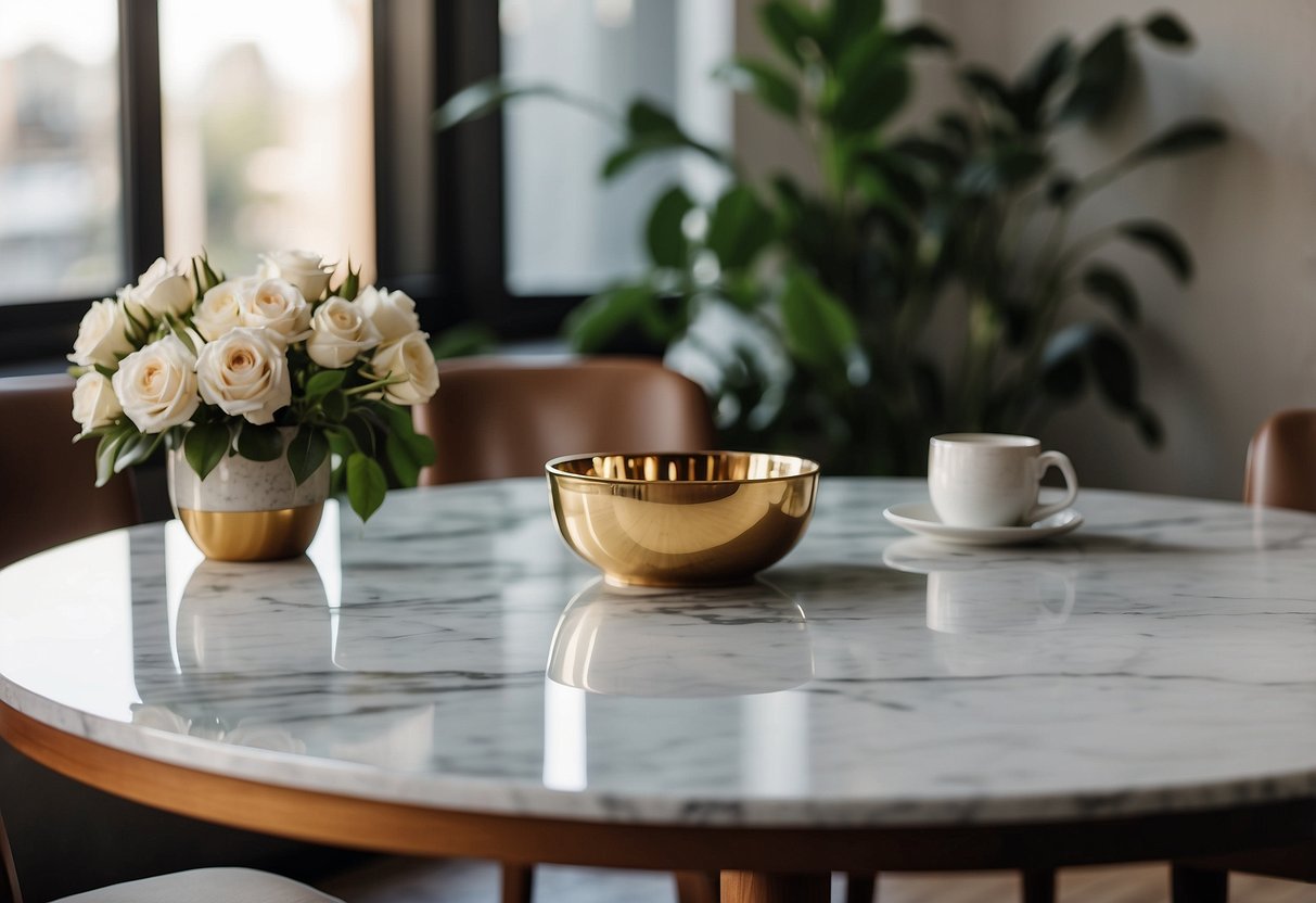 A sleek marble top table sits in a well-lit room, reflecting the surrounding decor with its polished surface