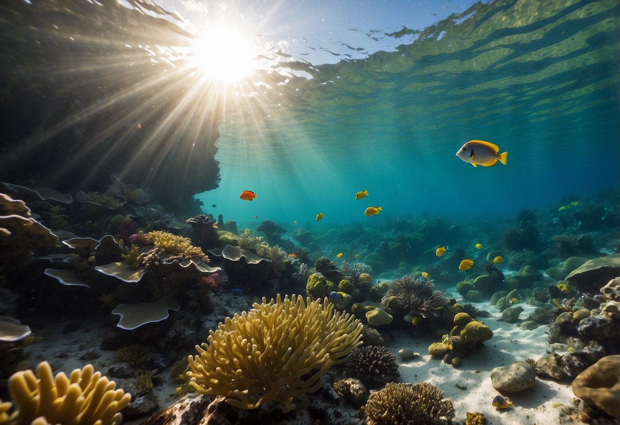 The crystal-clear water reveals colorful coral and tropical fish. Sunlight dances on the ocean floor, creating a mesmerizing display. The snorkeler's view is filled with vibrant marine life