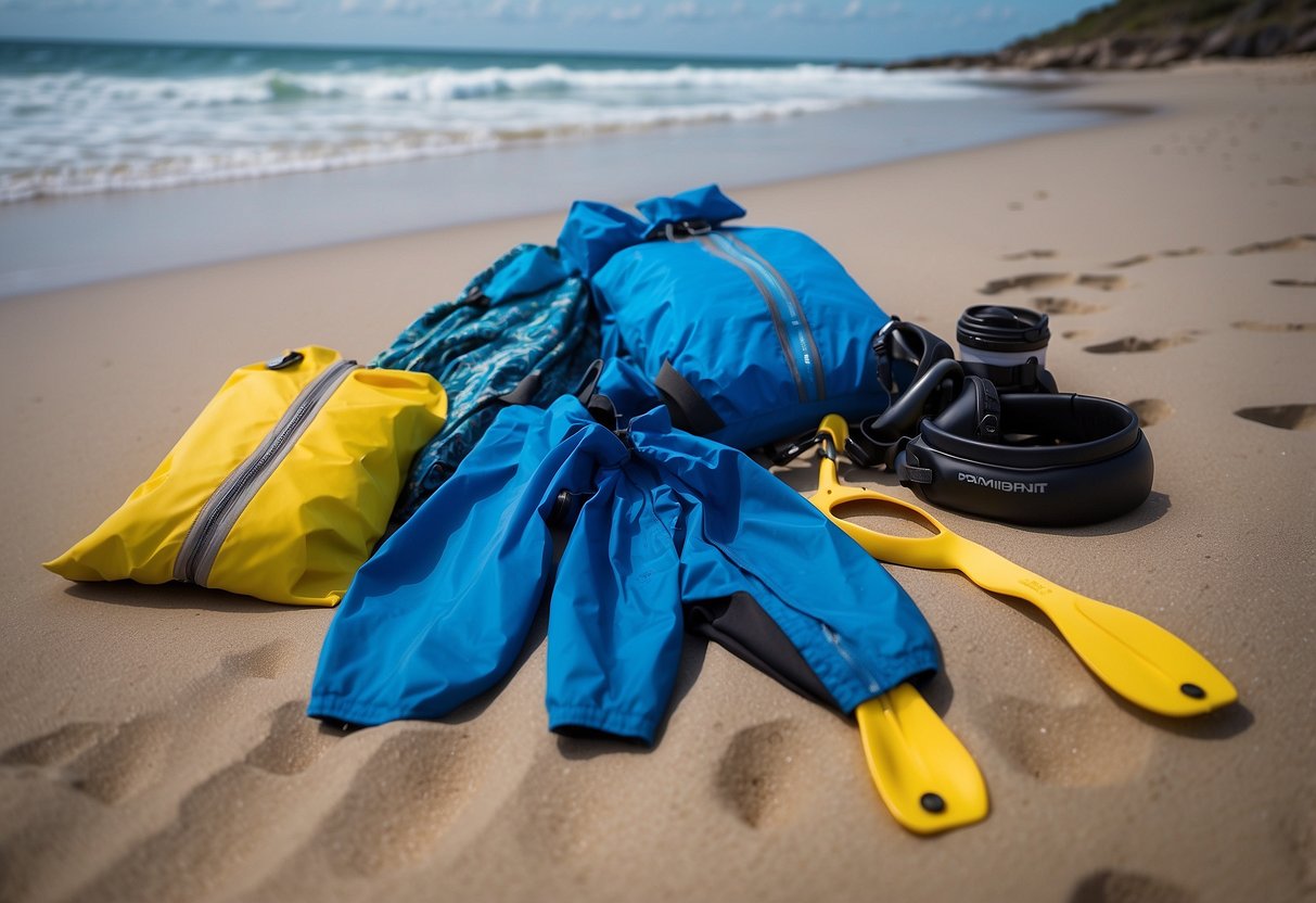 Bright blue snorkeling gear laid out on a sandy beach, with lightweight rain jackets, pants, and waterproof bags. Waves crash in the background