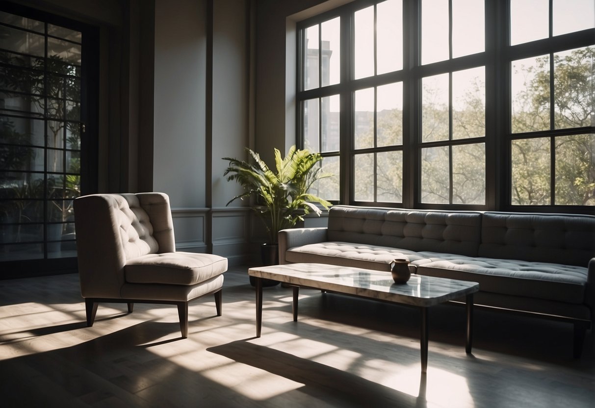 A room with marble top furniture, light streaming in through a window, casting shadows on the smooth surface