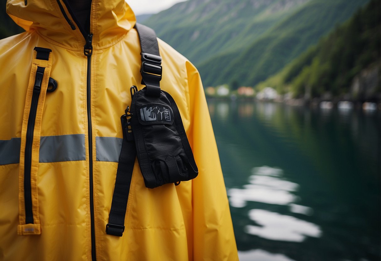 A bright yellow Helly Hansen Seven J raincoat hanging on a hook, with snorkeling gear nearby