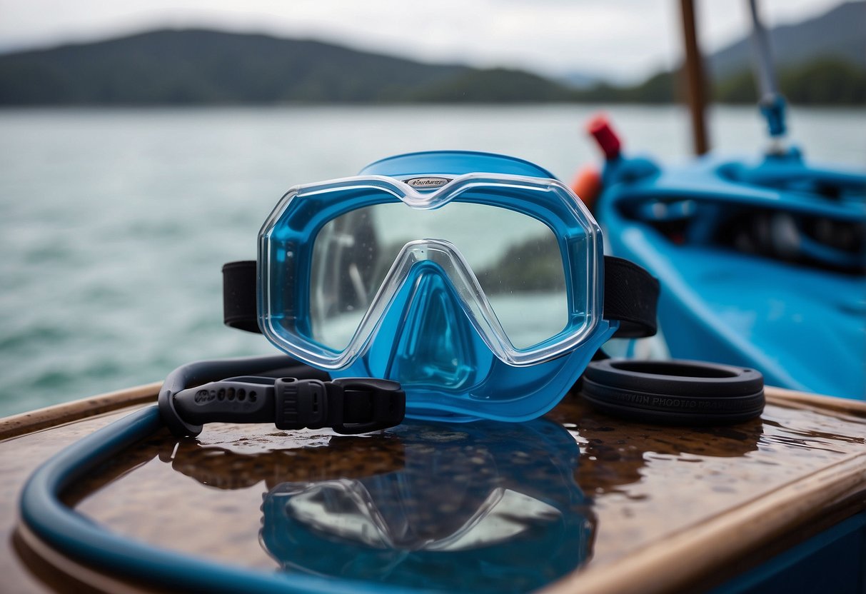 Clear blue ocean water, snorkel gear floating on the surface, lightweight rain gear hanging on a nearby boat, ready for use