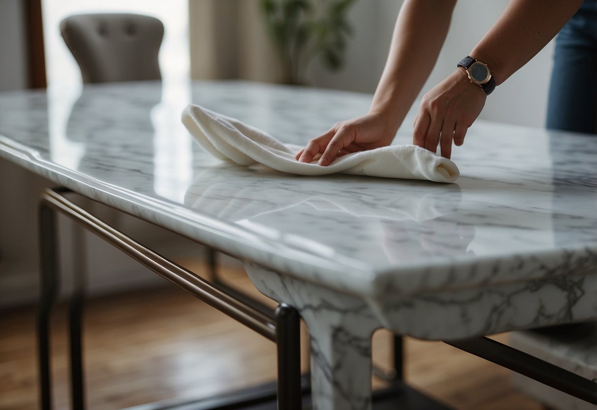 A person carefully wipes down a marble top table with a soft cloth, inspecting its smooth surface for any imperfections. Nearby, another person carefully selects a marble top coffee table, examining its elegant veining and sturdy construction