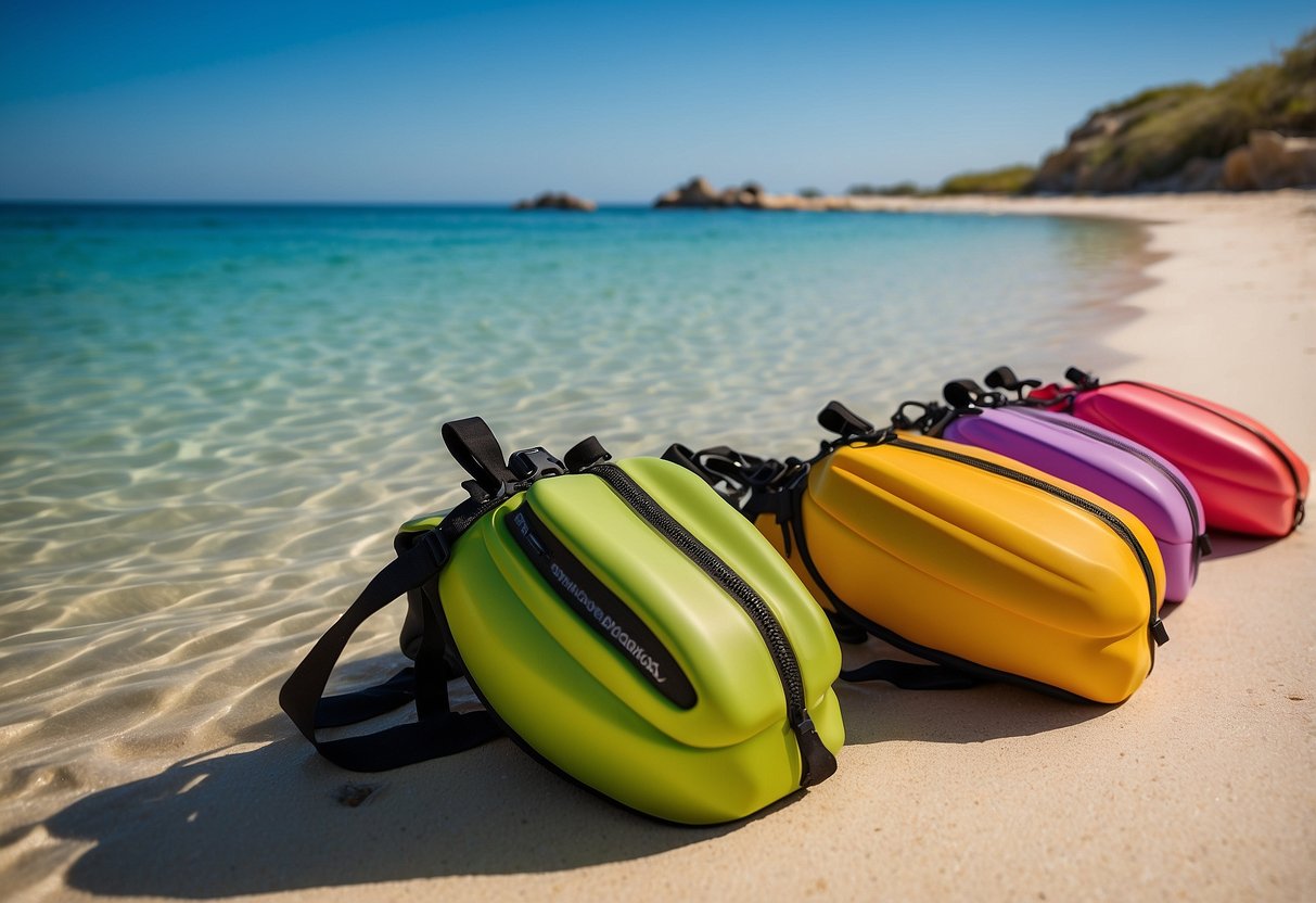 A colorful array of lightweight snorkeling packs arranged on a sandy beach with crystal-clear water in the background