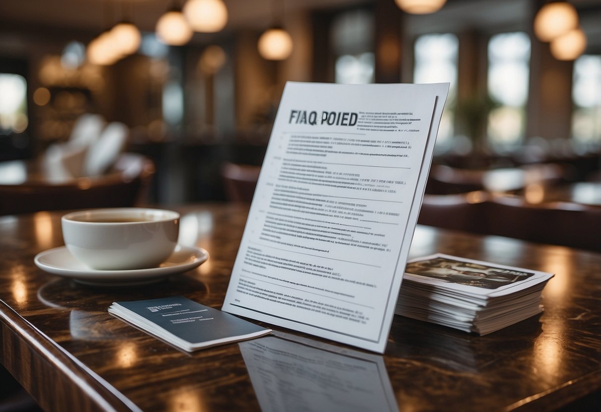 A marble top table surrounded by curious customers, with a stack of FAQ pamphlets nearby