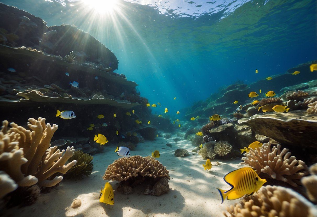 Crystal clear water, colorful coral reefs, and schools of tropical fish. A snorkel pack resting on the sandy ocean floor. Sunlight streaming through the water