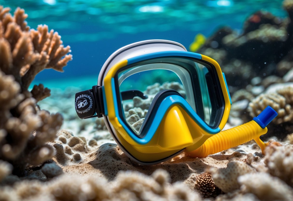 Crystal-clear water, colorful coral, and tropical fish surround the ScubaMax Dry Snorkel Set. The lightweight pack rests on a sandy ocean floor, ready for adventure