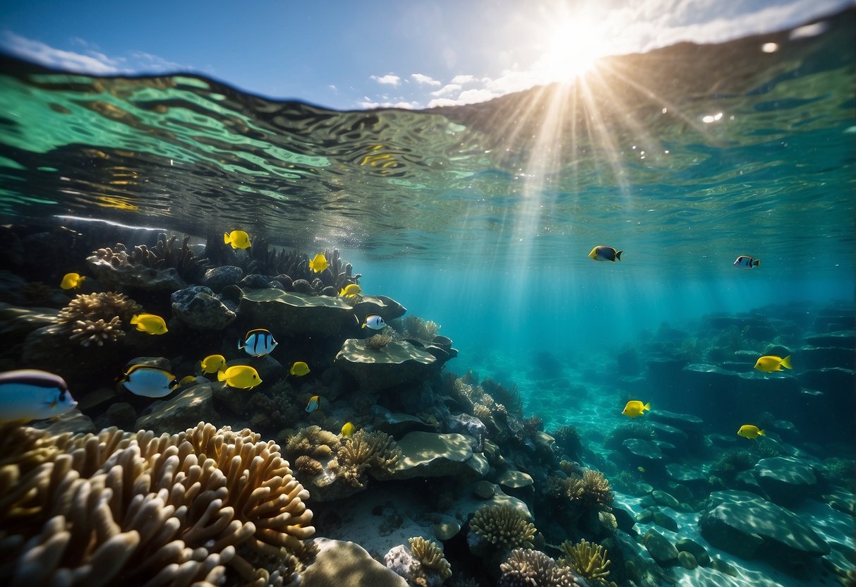 Crystal-clear water with colorful coral and fish, a Seavenger Voyager 10 lightweight snorkeling pack floating on the surface, surrounded by tropical marine life