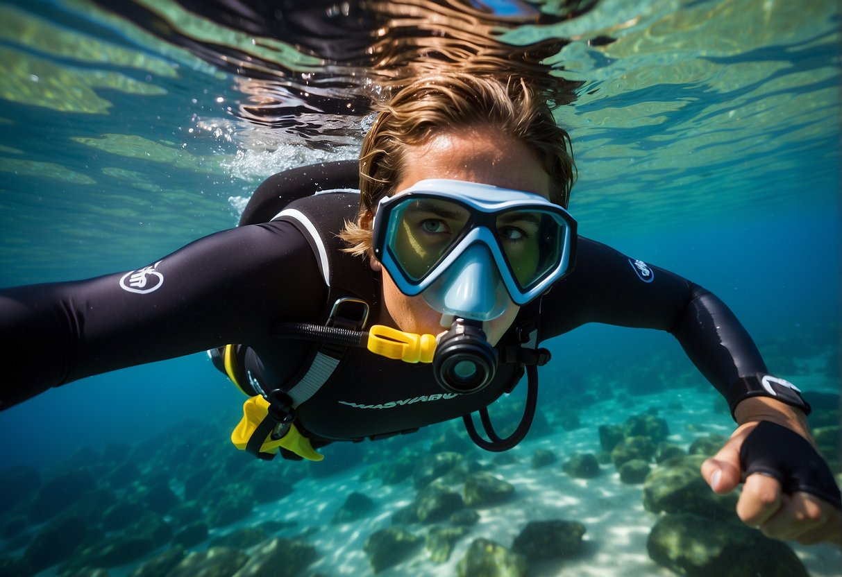 A snorkeler effortlessly glides through crystal-clear waters, equipped with a lightweight snorkeling pack. The compact and comfortable design allows for easy movement and maximum enjoyment of the underwater scenery