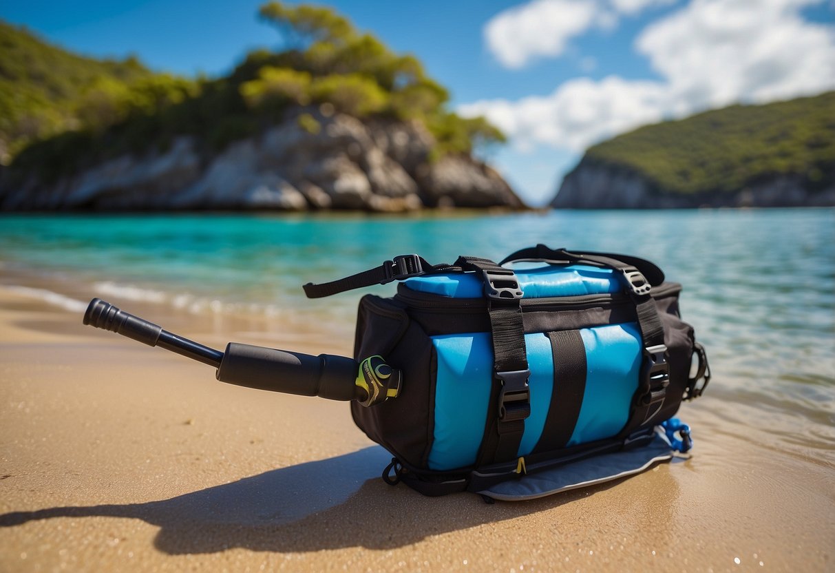 A sturdy, lightweight snorkeling pack sits on a sandy beach, surrounded by clear blue waters and colorful marine life