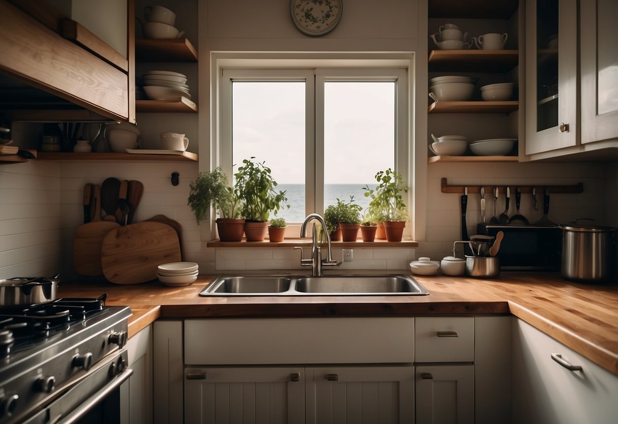 A boat kitchen with a stove, cutting board, and utensils. Pots and pans hanging from hooks. Fresh ingredients on the counter. Waves visible out the window