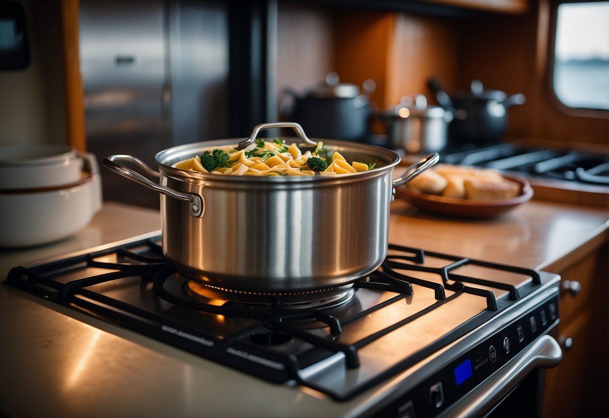 A pot on a boat stove, secured with clamps, surrounded by non-slip mats and a rail to prevent spills. A cookbook open to a page titled "7 Tips for Cooking on the Boat" lies nearby