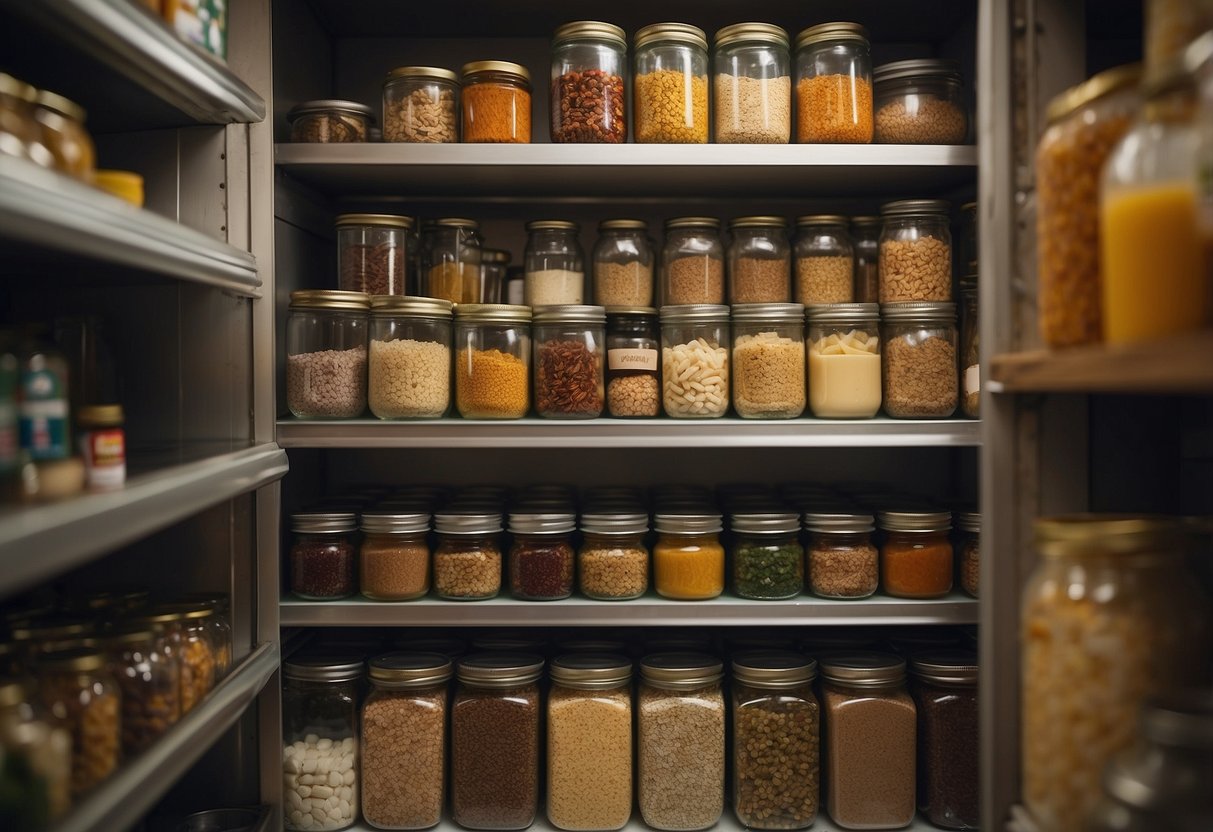 A boat kitchen with non-perishable ingredients neatly organized in a compact space. A variety of canned goods, dry pasta, and spices are visible, ready for use