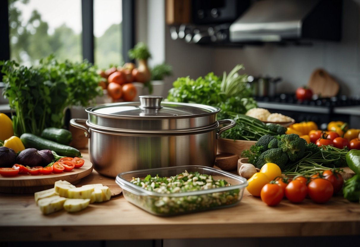 A boat kitchen with neatly organized ingredients and cooking utensils. Meal prep containers are filled with pre-cut veggies and marinating meats. A pot simmers on the stove while a cutting board holds freshly chopped herbs