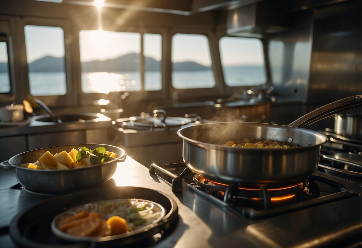 A boat kitchen with a pot simmering on a stove. Ingredients and utensils neatly organized. Sunlight streaming in through a porthole