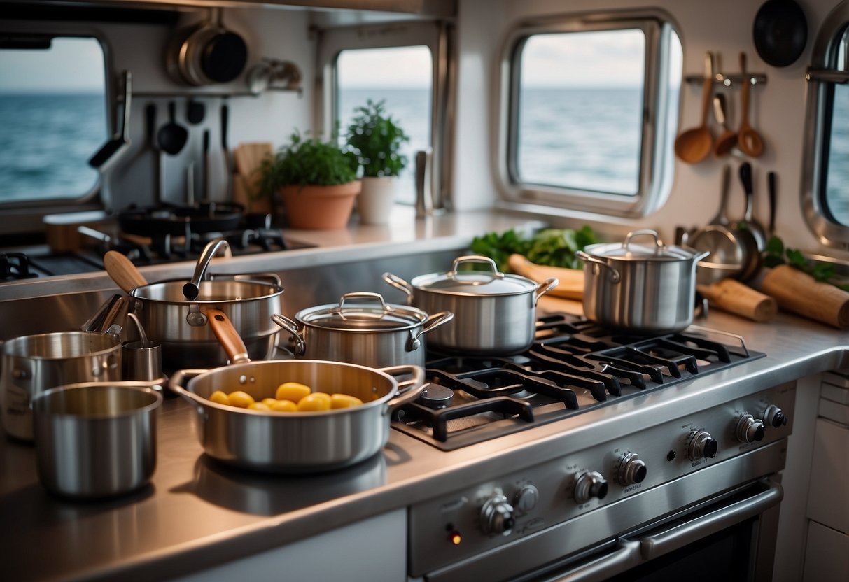 A boat kitchen with utensils secured, pots on the stove, and ingredients neatly organized for safe cooking at sea