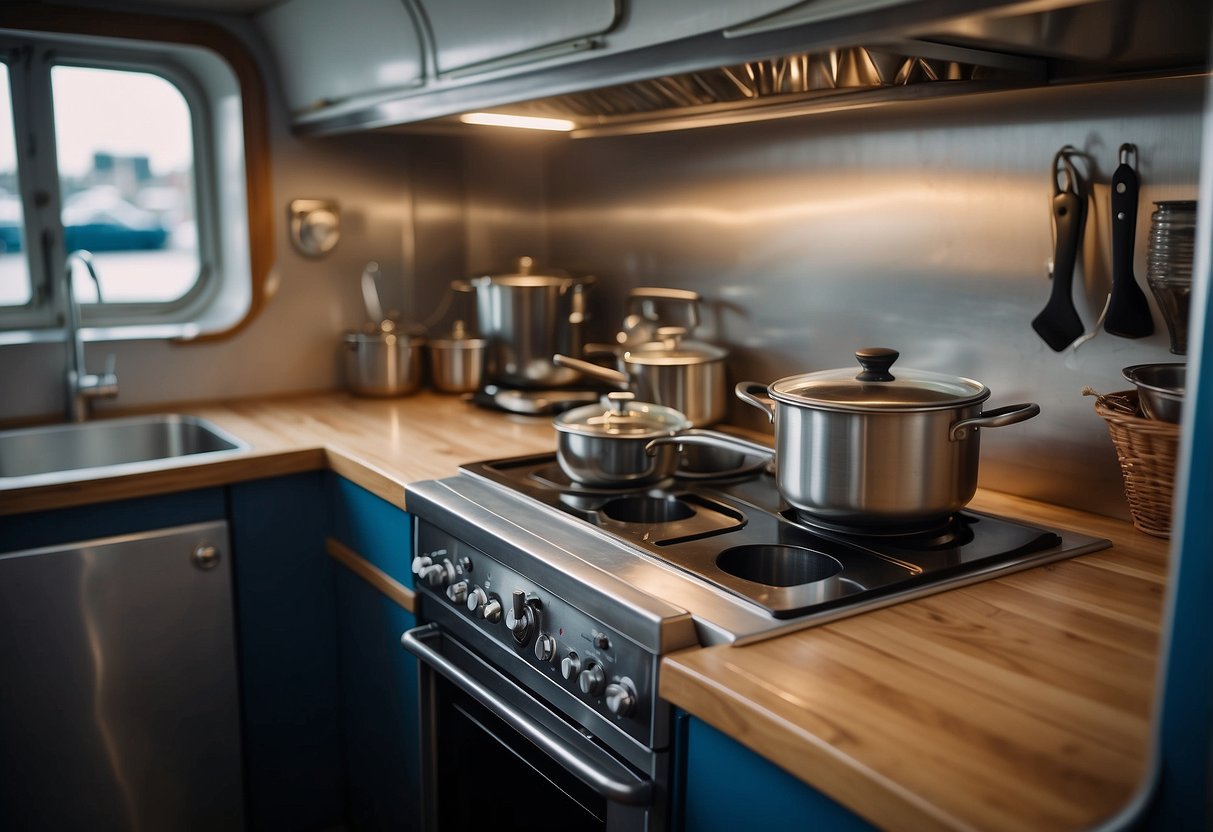 A boat kitchen with limited cookware, a small stove, and a compact sink. Ingredients and utensils neatly organized in a tight space. Waves visible through the porthole window