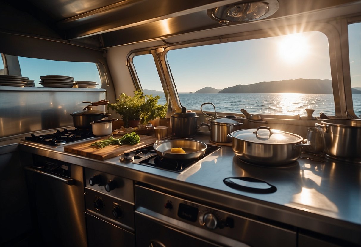 A boat kitchen with a Marine Stove, pots and pans, utensils, and food ingredients neatly organized for cooking. Sunlight streaming through a porthole illuminates the scene