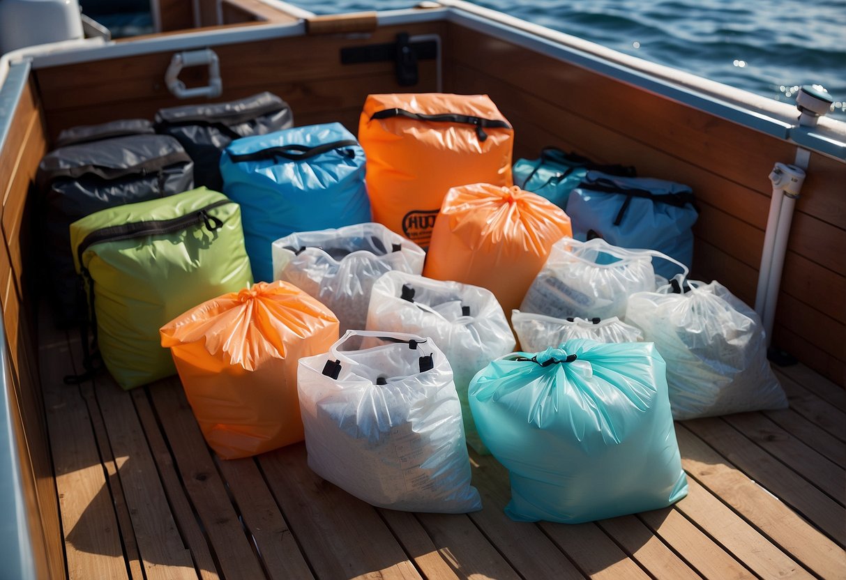 The waterproof food storage bags are neatly arranged on a boat deck next to snorkeling gear and a cooler. The bags are sealed and labeled, ready for underwater storage