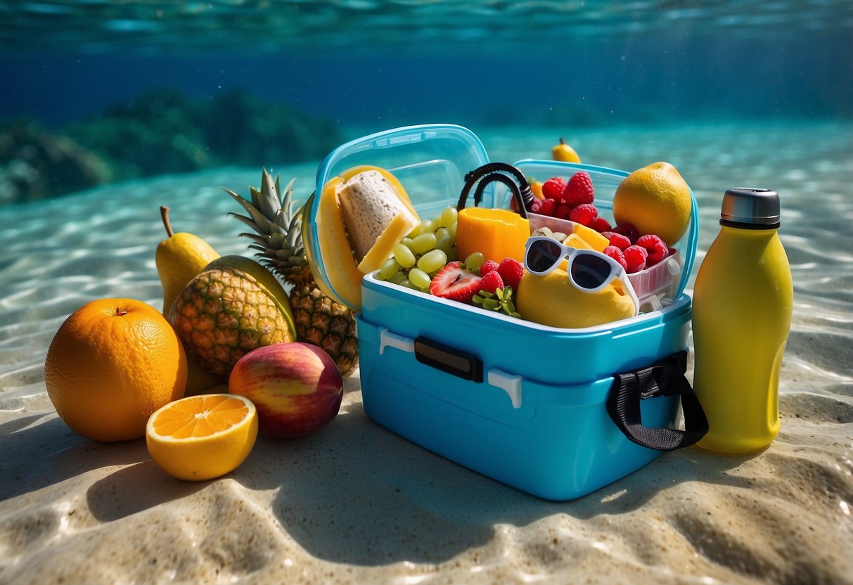 Colorful insulated lunch boxes float on the surface of clear blue water, surrounded by snorkeling gear. Fresh fruits, sandwiches, and snacks are neatly packed inside, ready to be enjoyed underwater