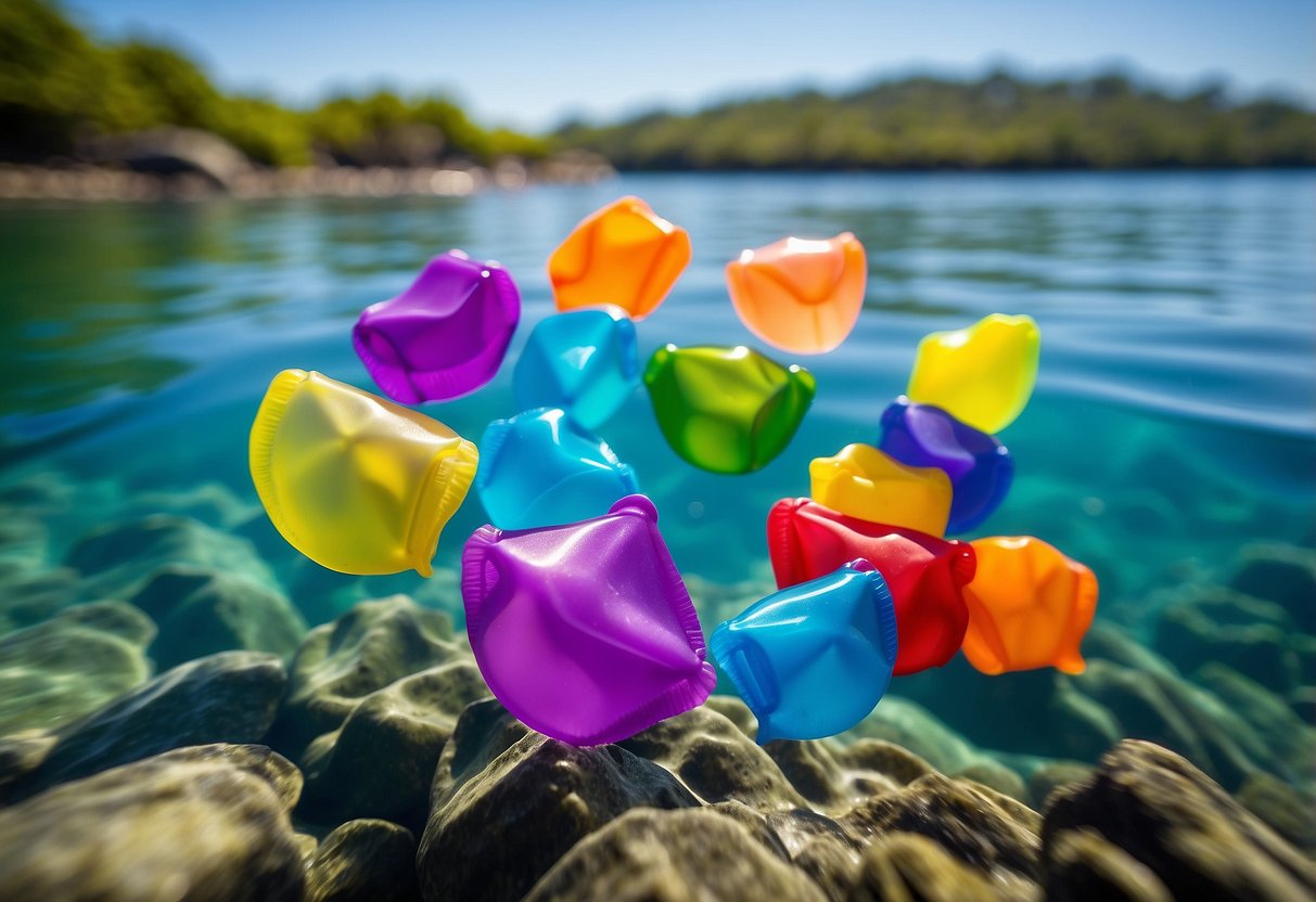 Colorful silicone snack bags float in crystal-clear water, surrounded by vibrant marine life. They are securely sealed, keeping snacks fresh and dry while snorkeling