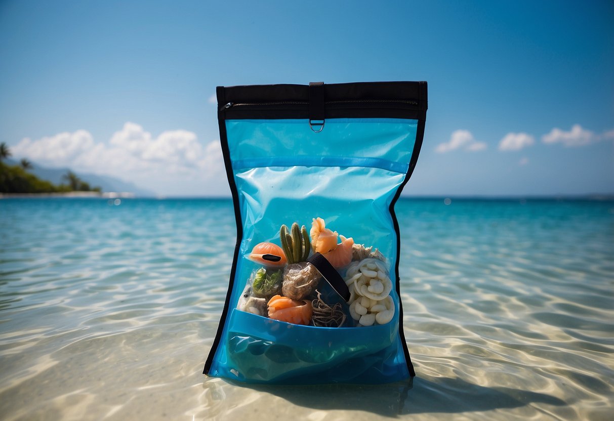 A snorkeler's bag floats on clear blue water, sealed dry bags inside. A variety of food items are neatly stored within the bags, protected from the sea