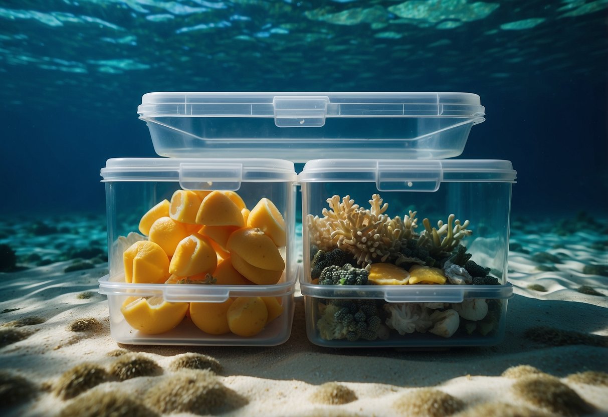 Food stored in vacuum-sealed containers, placed in a secure compartment, surrounded by snorkeling gear and underwater scenery