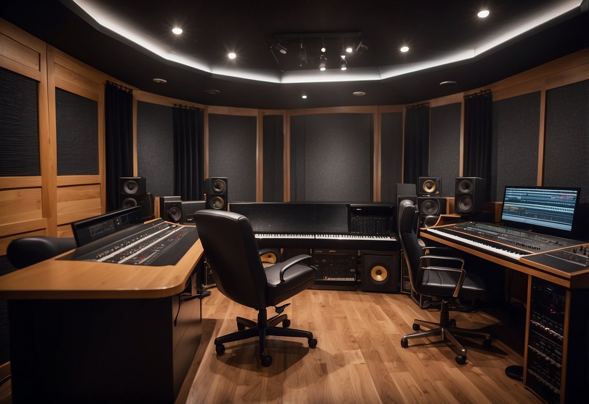 A cozy recording studio with soundproof walls, professional microphones, and comfortable furniture for musicians and vocalists