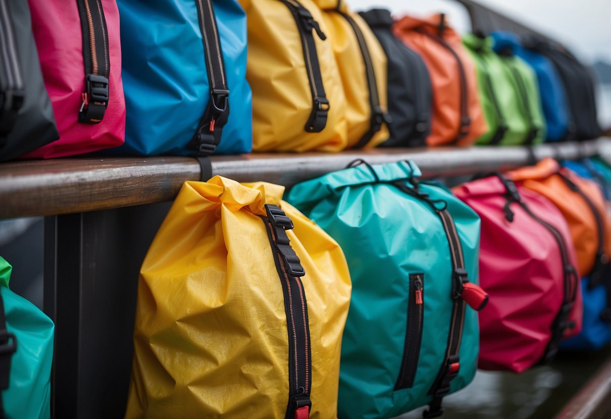 Colorful waterproof bags hang from a sturdy boat railing. Airtight containers are neatly stacked on a table with snorkeling gear nearby