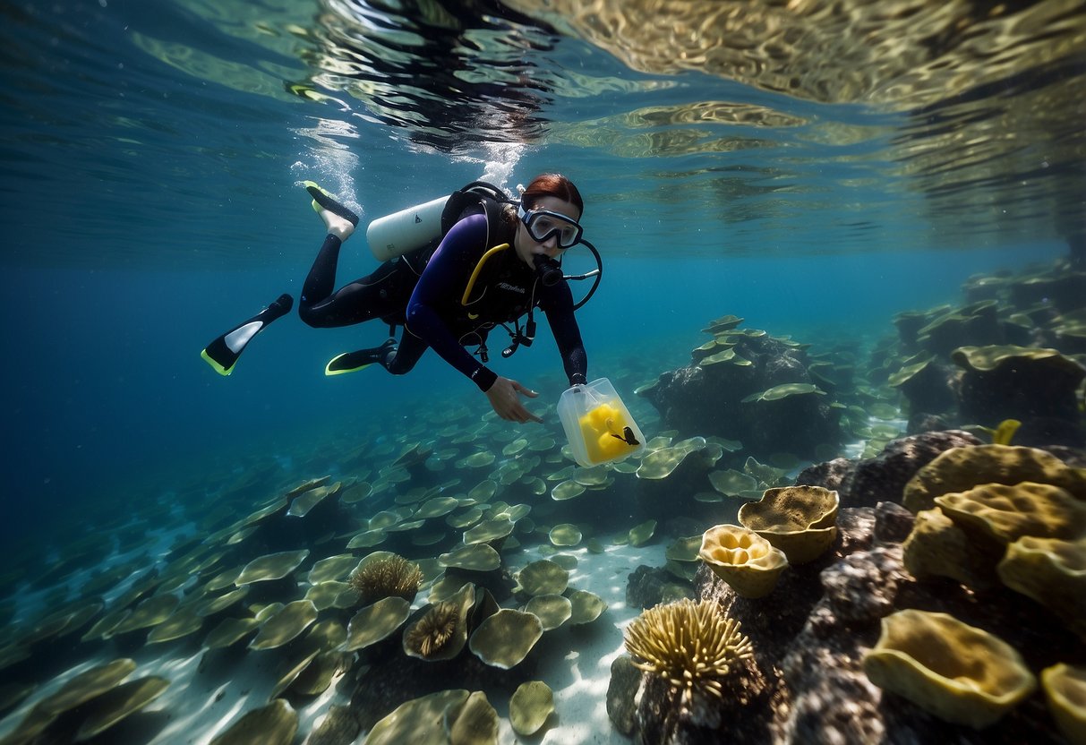 A snorkeler carefully selects a secure, waterproof location to store food items while underwater