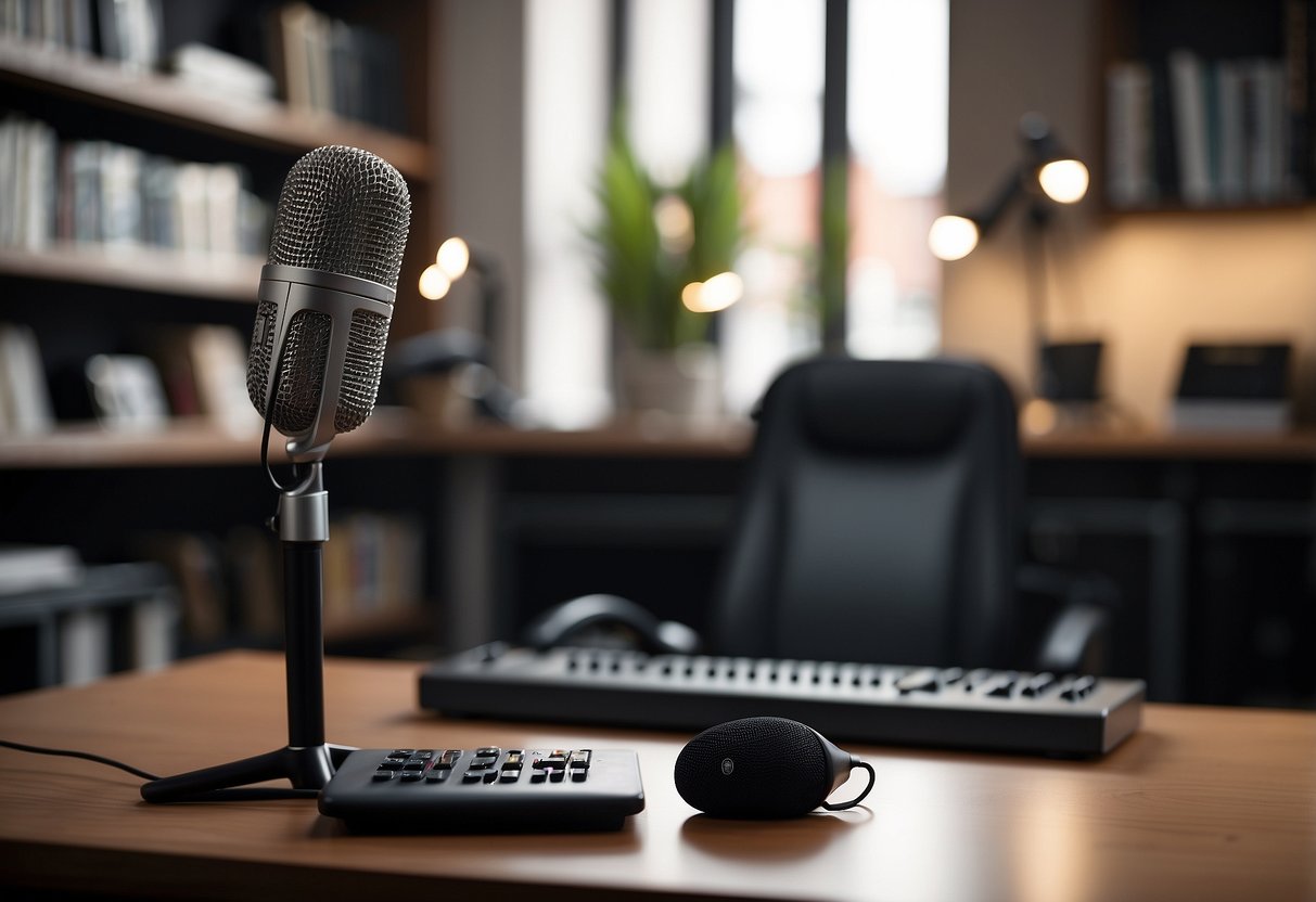 A modern, minimalist studio with a sleek desk, ergonomic chair, and shelves filled with neatly organized audio equipment and books. A microphone is prominently displayed on the desk