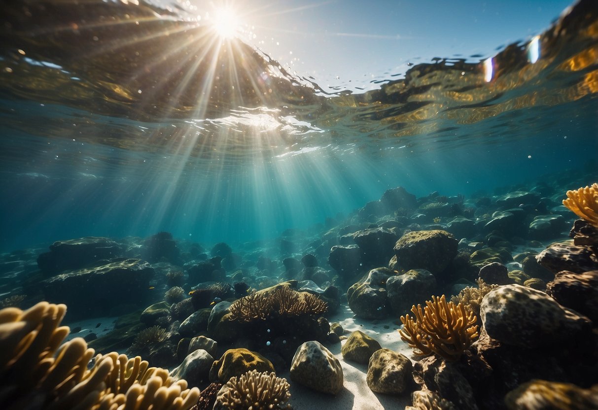 Crystal clear waters surround rocky outcrops teeming with colorful marine life. Sunlight dances through the waves, illuminating the vibrant underwater world