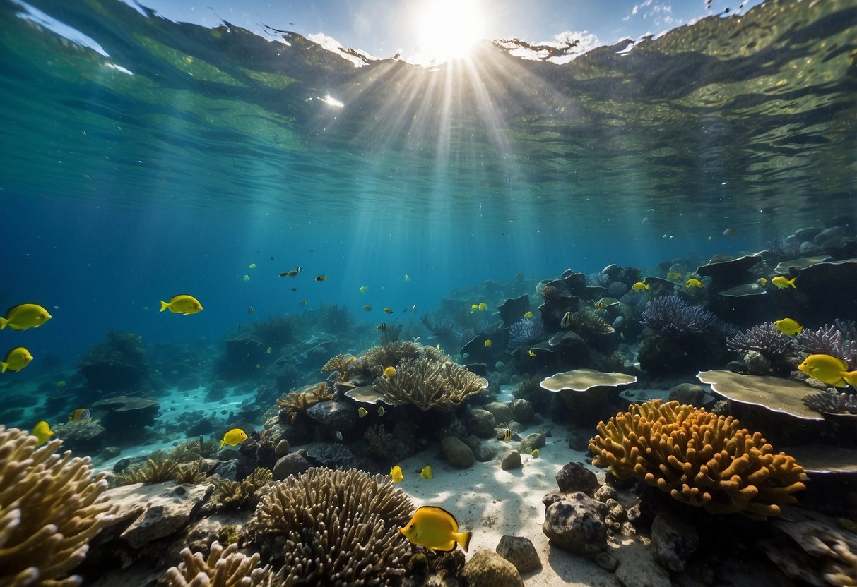 Crystal-clear waters reveal vibrant marine life among the rugged islands of the Broken Group. Sunlight dances on the colorful coral and fish, creating a mesmerizing underwater world