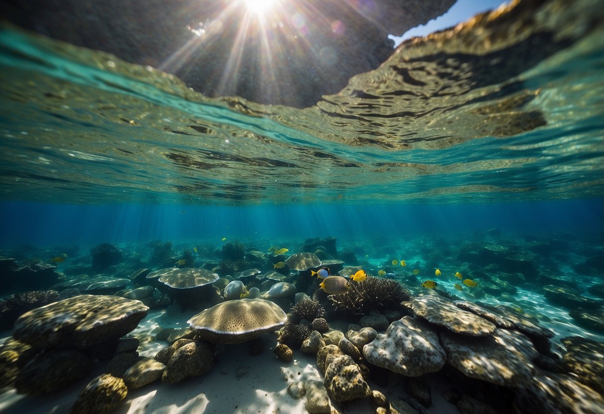 Crystal-clear waters surround a rocky coastline, with colorful marine life visible below. Sunlight filters through the water, creating a picturesque scene for snorkeling