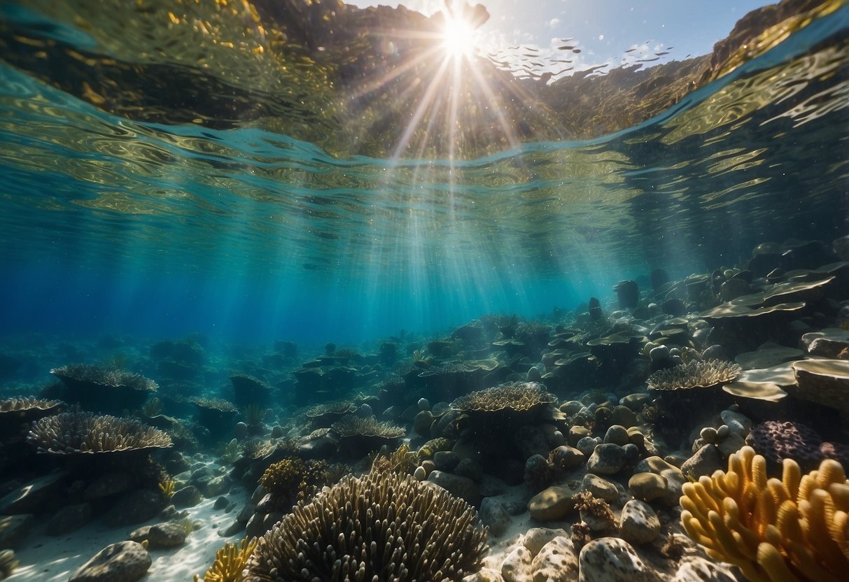 Crystal clear waters surround rocky cliffs teeming with colorful marine life. Sunlight dances on the surface, creating a mesmerizing underwater world for snorkelers to explore