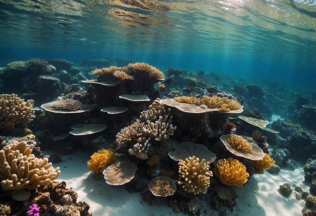 Crystal clear water reveals colorful coral reefs and diverse marine life. Sunlight dances on the ocean floor, creating a mesmerizing display of underwater beauty