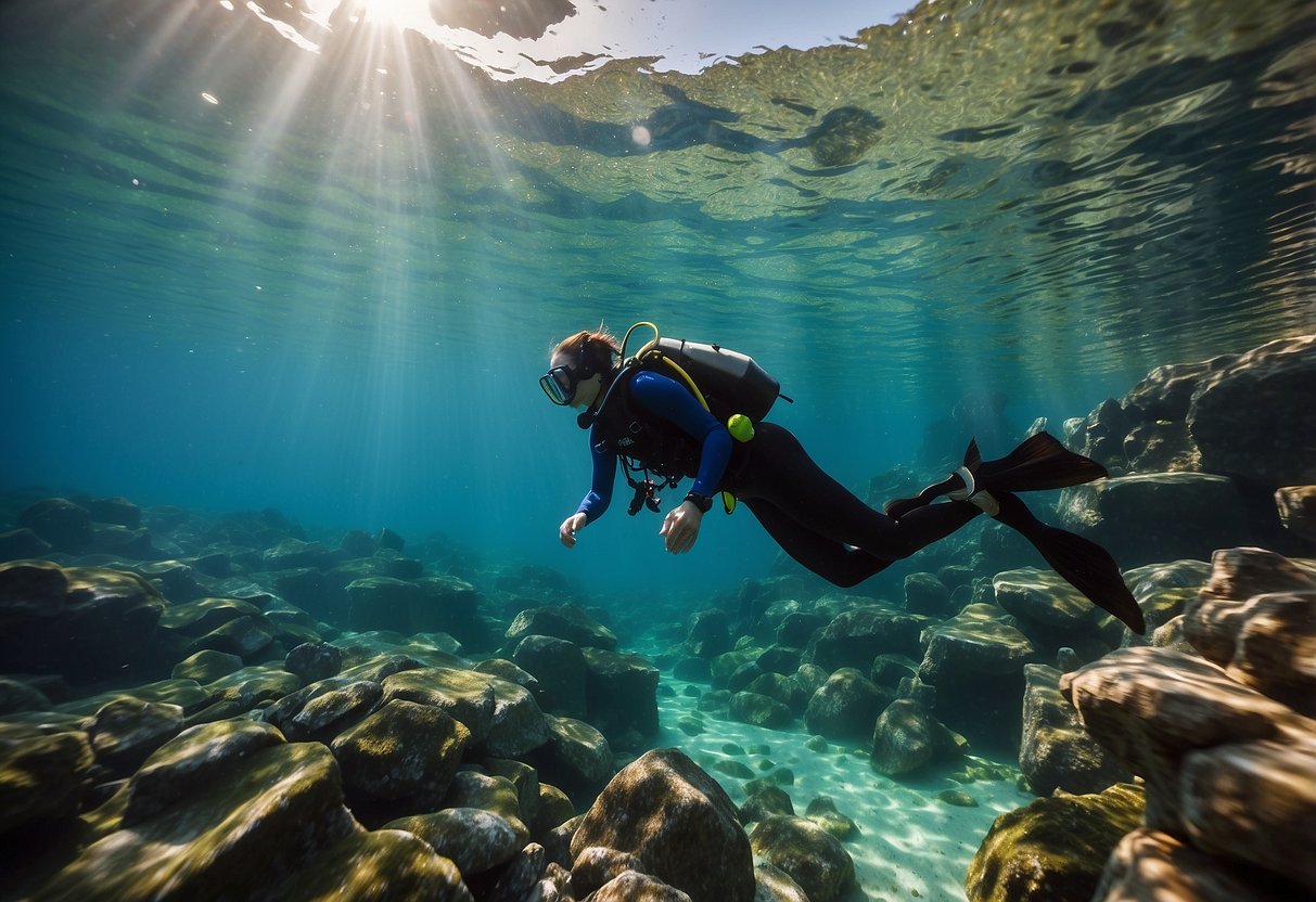 Crystal-clear waters, colorful fish, and rocky underwater landscapes. Snorkelers equipped with fins, masks, and snorkels explore scenic routes in Canada