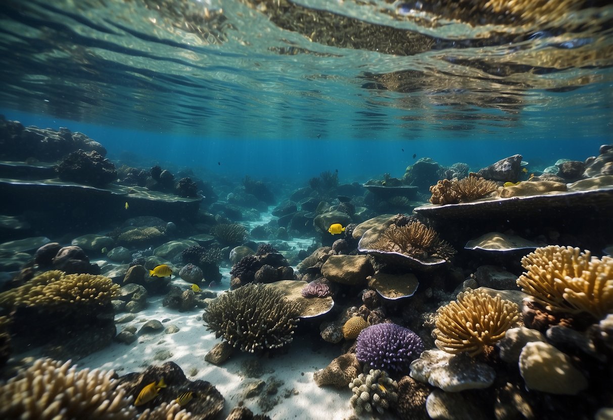 Crystal clear waters teeming with colorful fish, sea turtles, and vibrant coral reefs. Rocky coastlines and underwater caves create a diverse and captivating underwater landscape