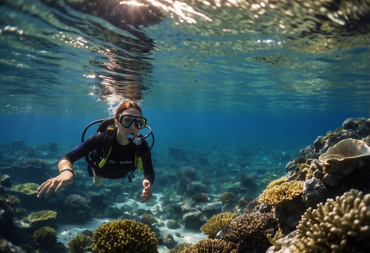 Crystal-clear water, colorful coral reefs, and a variety of marine life. A snorkeler gracefully glides through the water, surrounded by schools of fish and vibrant underwater scenery