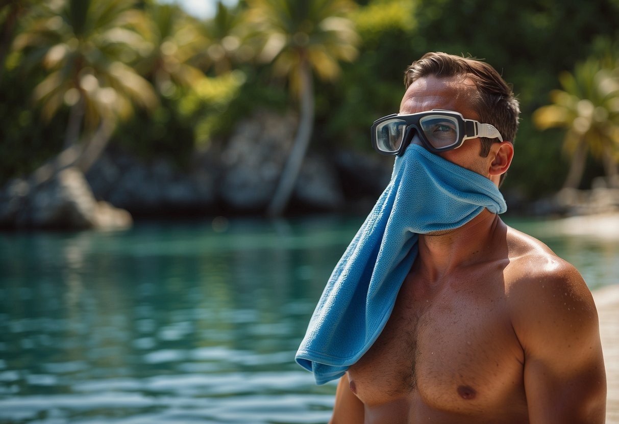 A snorkeler uses a quick-dry towel to stay clean after snorkeling. The towel hangs on a hook, with a snorkel and mask nearby