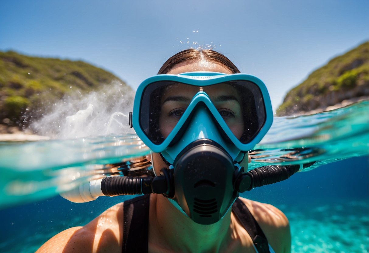 A snorkeler sprays de-fogging solution on their mask before diving into clear blue waters, following 7 tips for staying clean on snorkeling trips