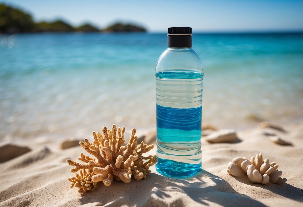 Crystal-clear ocean water with colorful coral reefs. Sunscreen bottle and snorkeling gear on a clean, white sandy beach